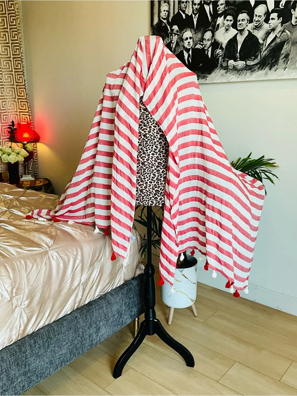 Faded Glory Red and White Striped Tassel Scarf
